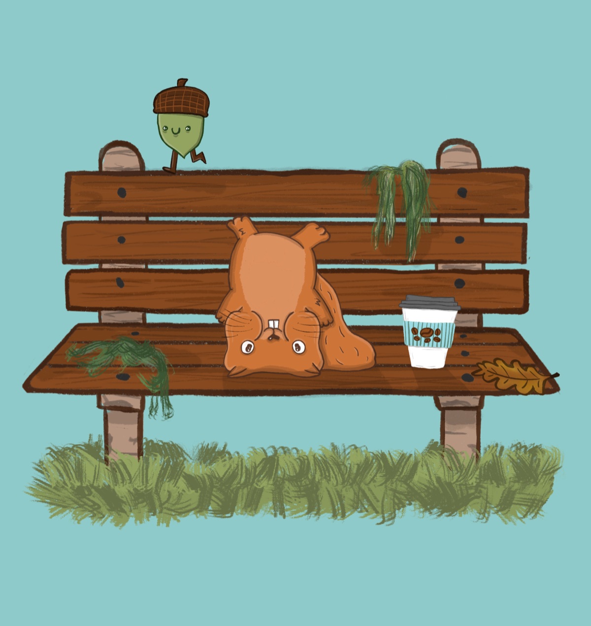 A squirrel lying upside down on a park bench next to a coffee cup, with a little acorn friend