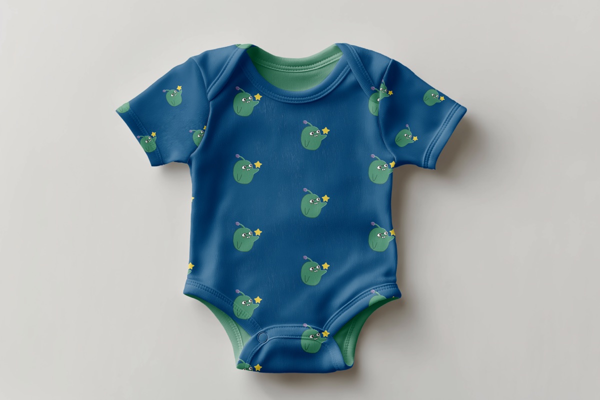 Baby bodysuit in blue with the green alien pattern