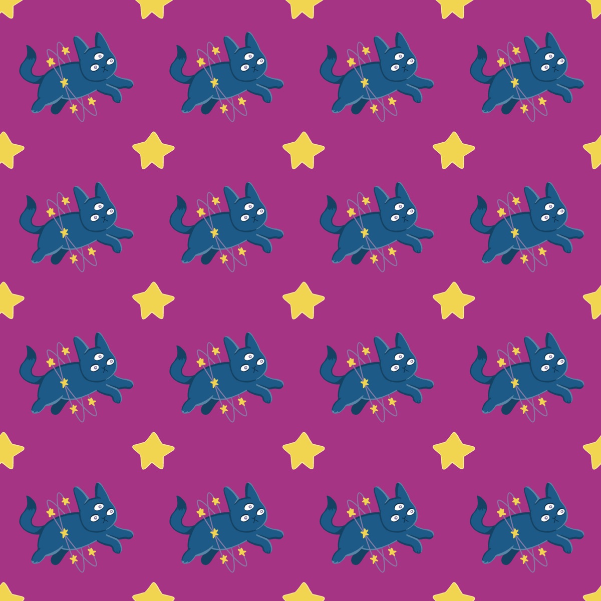 Repeat pattern of blue space cats and yellow stars on purple