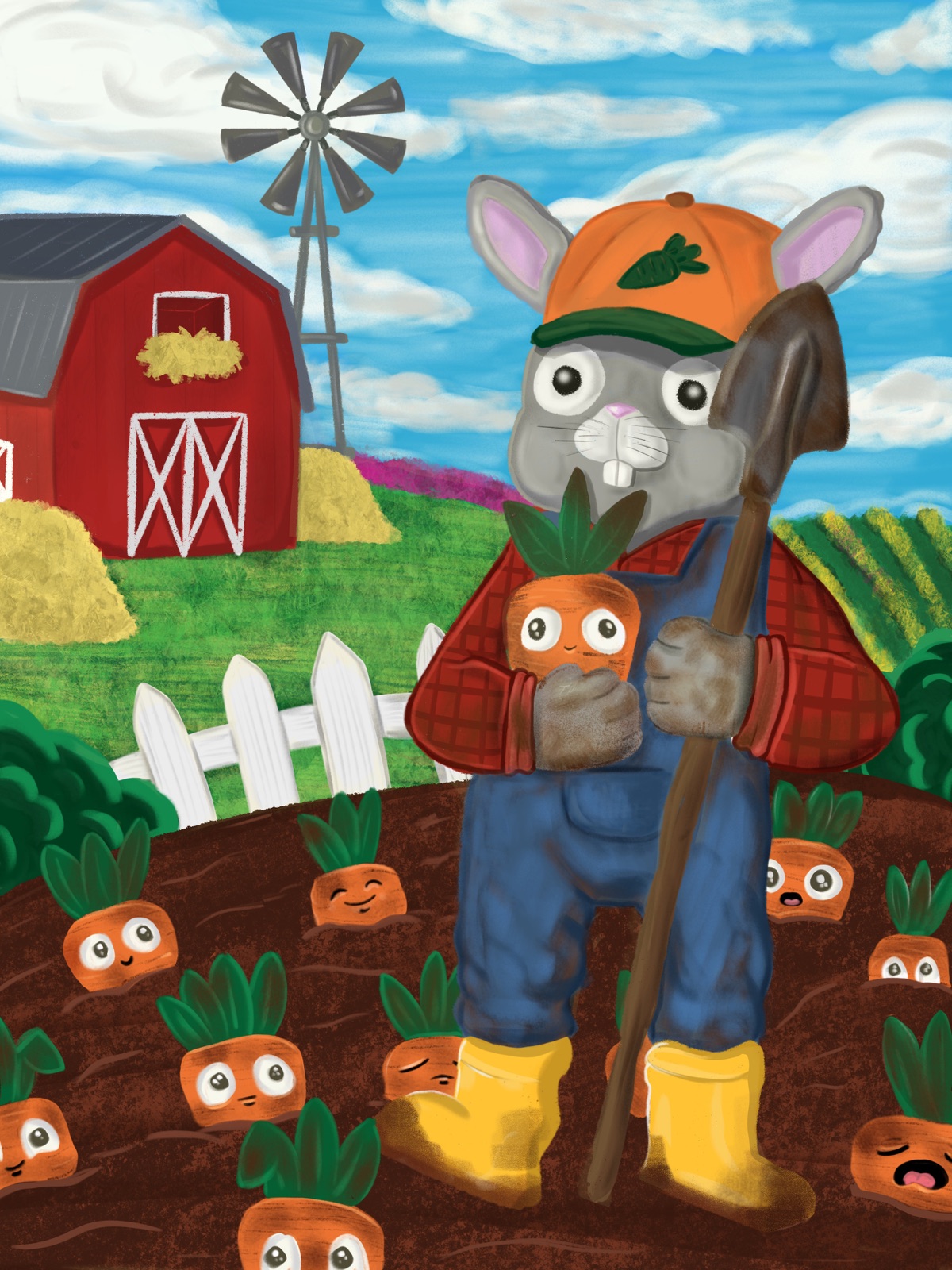 A grey rabbit in a red plaid shirt and orange cap holding a smiling carrot in a carrot field with a red barn behind