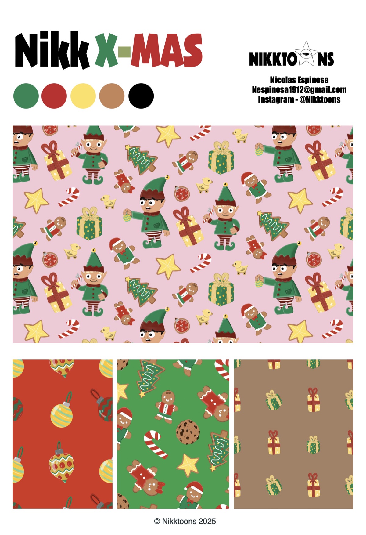 Nikk X-Mas sell sheet with elf, ornament, gingerbread and gift patterns